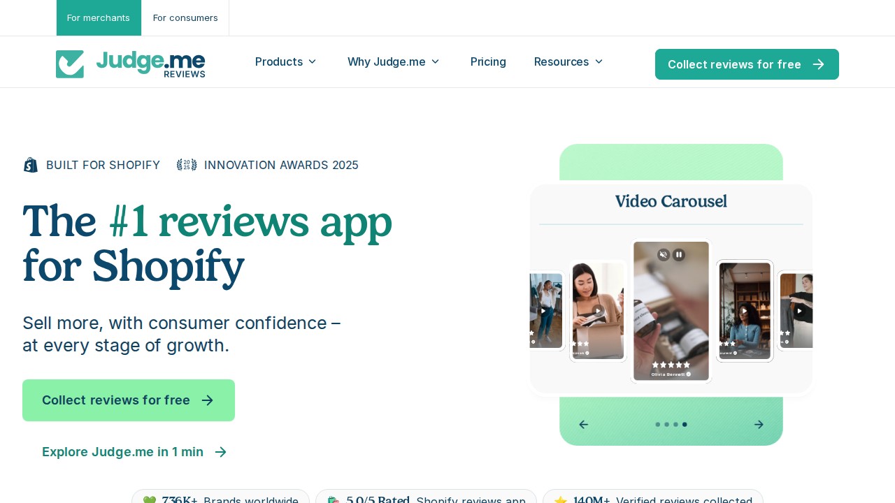 Judge.me homepage showing Shopify product reviews platform
