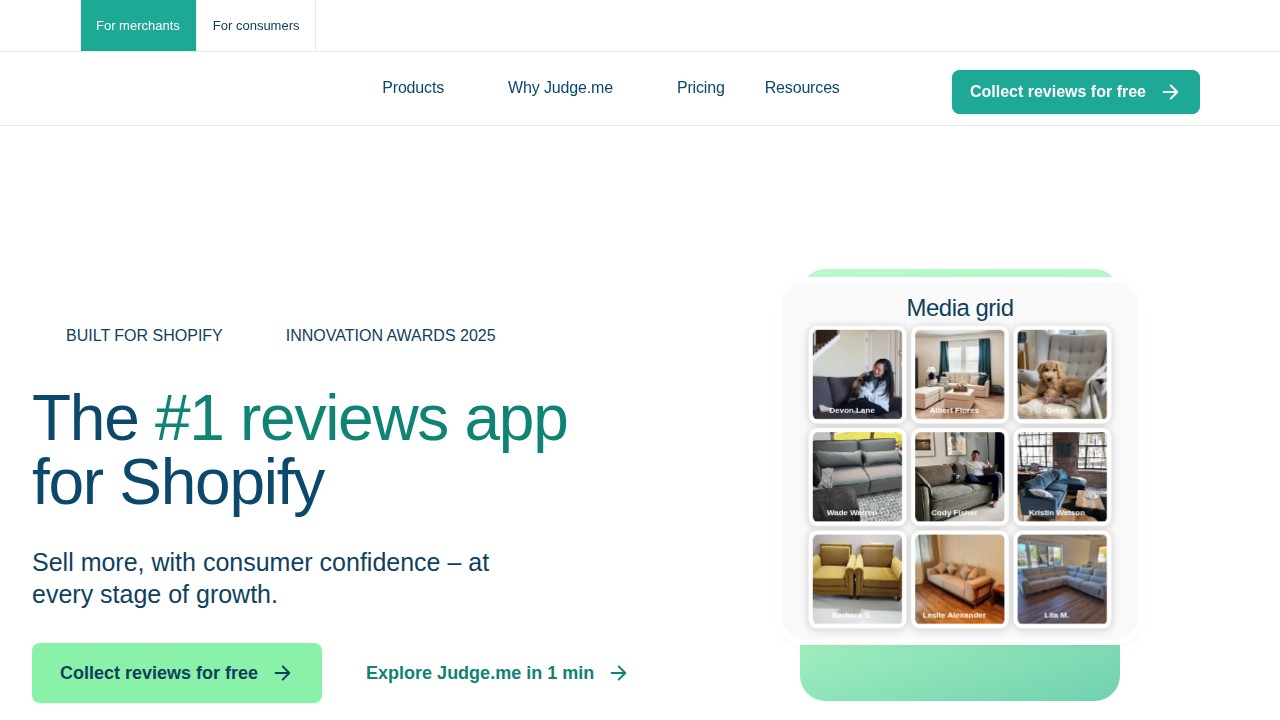 Judge.me homepage showing affordable unlimited Shopify product reviews