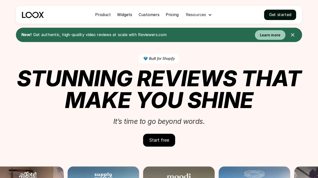 Loox homepage showing visual review tools for Shopify