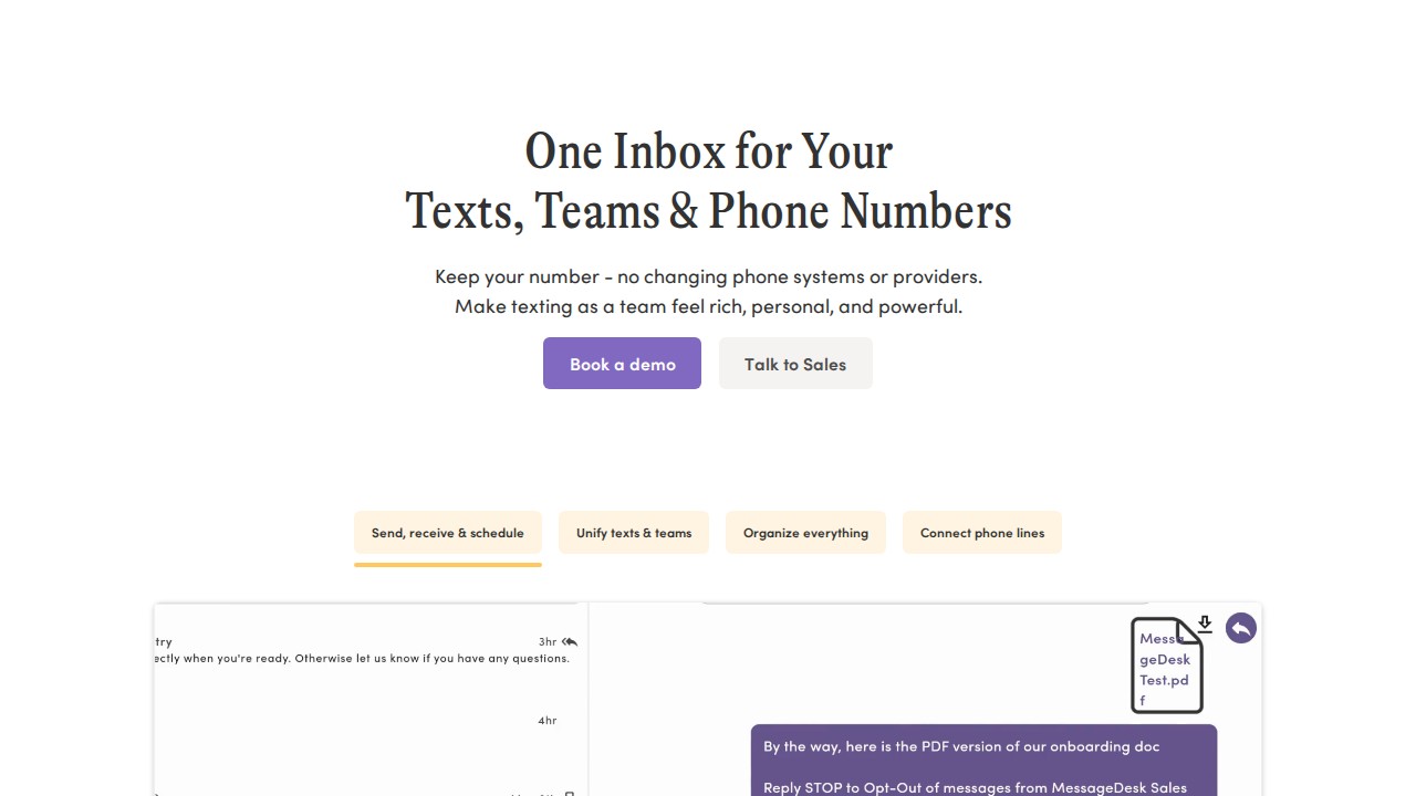 MessageDesk homepage shown in the Podium alternatives comparison