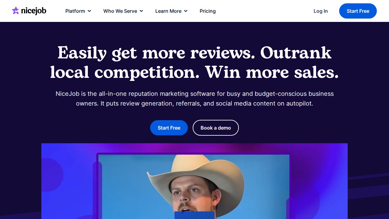 NiceJob homepage shown in the Podium alternatives comparison