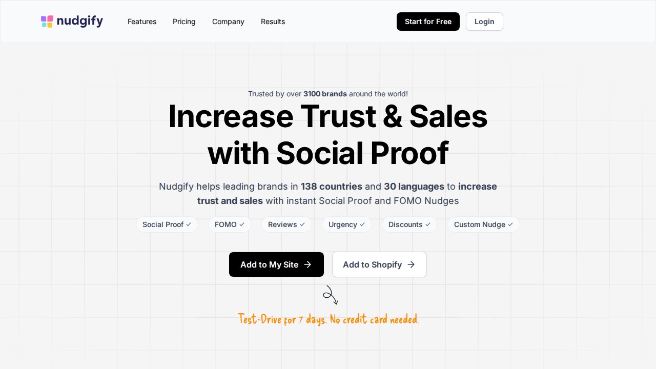 Nudgify homepage shown in the Fomo alternatives comparison