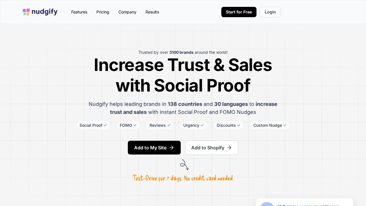 Nudgify homepage shown in the TrustPulse alternatives comparison