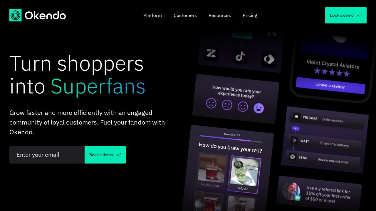 Okendo homepage showing customer marketing and review tools