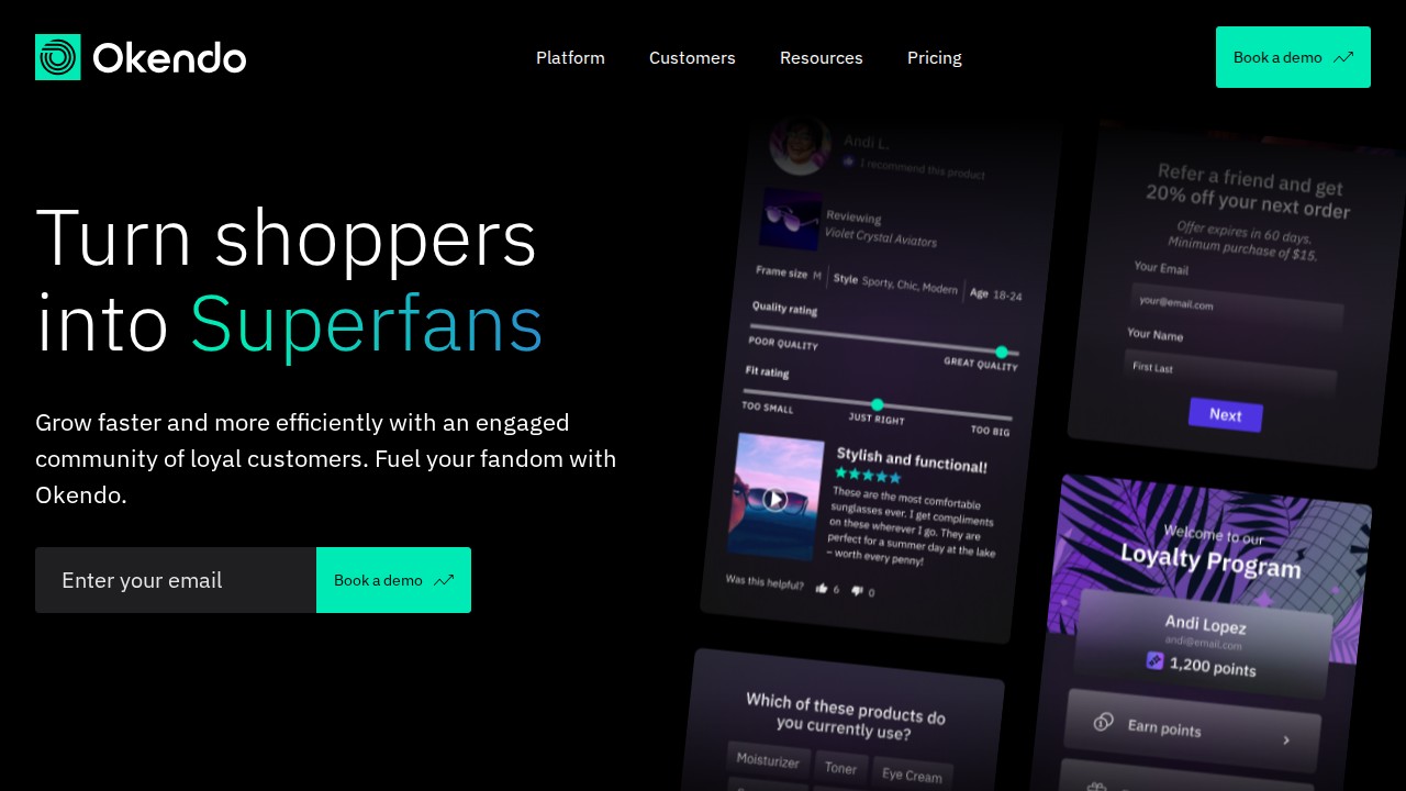 Okendo homepage showing its Shopify customer marketing platform