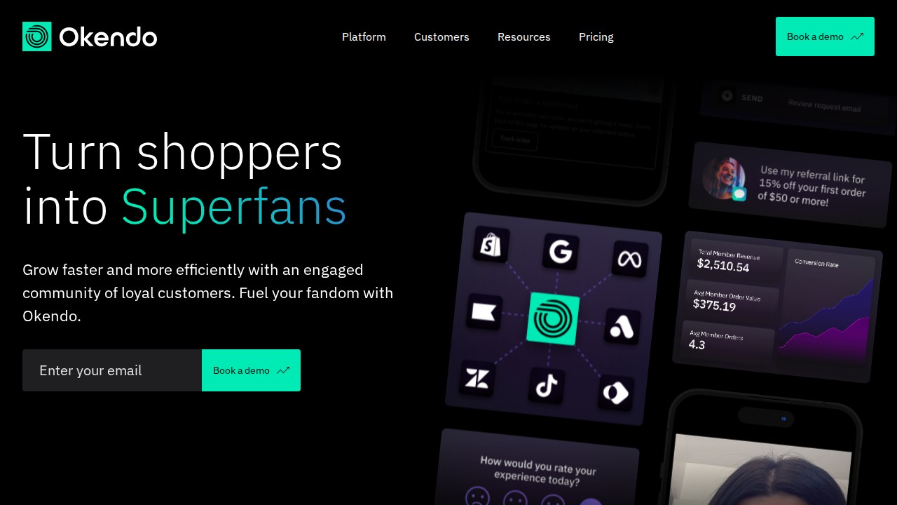 Okendo homepage showing DTC customer marketing platform