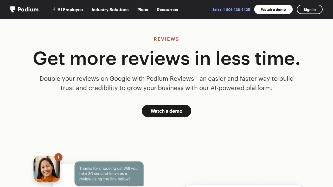 Podium Reviews page shown in the NiceJob alternatives comparison