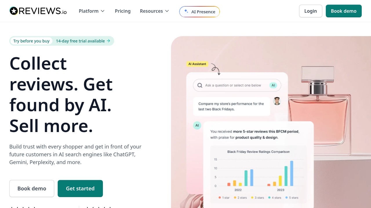 REVIEWS.io homepage showing review collection and e-commerce feedback tools
