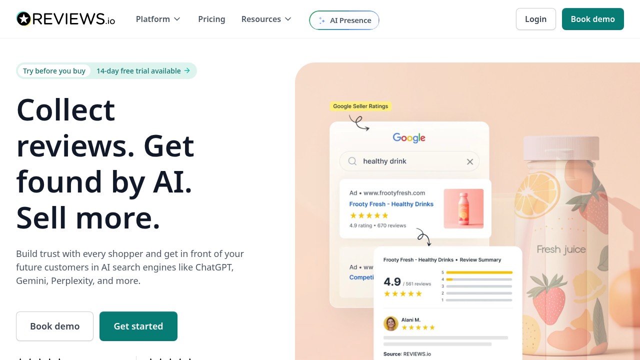 Reviews.io homepage showing verified review collection and Google Seller Ratings integration