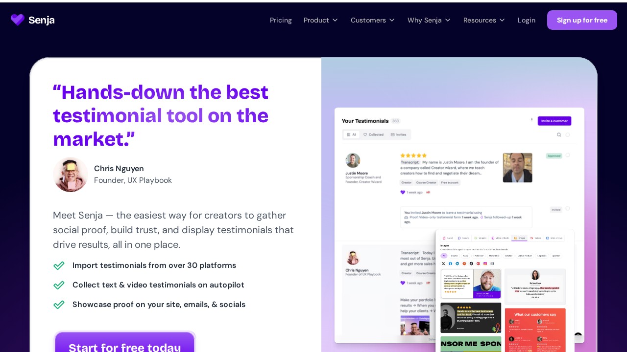 Senja homepage shown in the Endorsal alternatives comparison