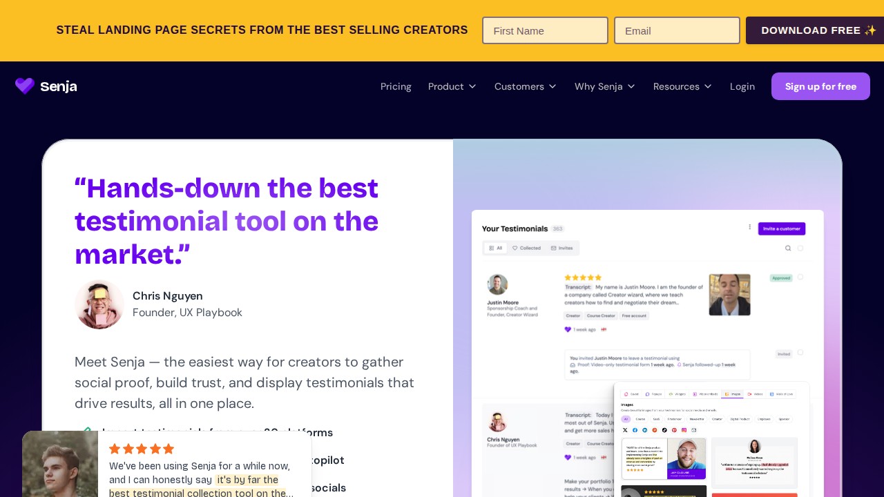 Senja homepage showing testimonial collection dashboard