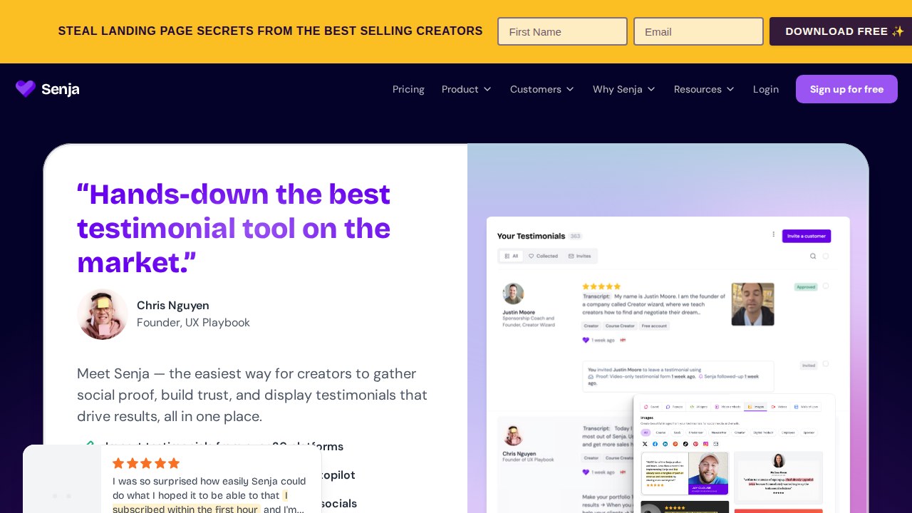 Senja homepage showing testimonial collection and social proof tools