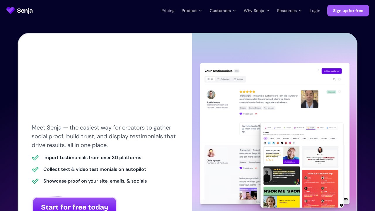 Senja testimonial collection platform homepage