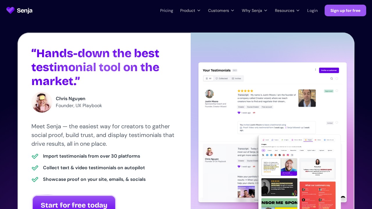 Senja homepage shown in the Trustindex alternatives comparison