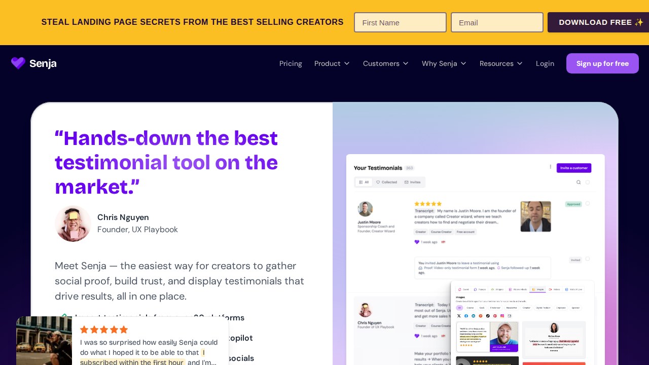 Senja homepage showing testimonial collection platform