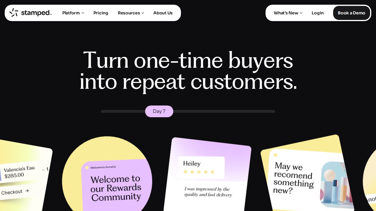 Stamped.io homepage showing modular reviews and loyalty platform for e-commerce
