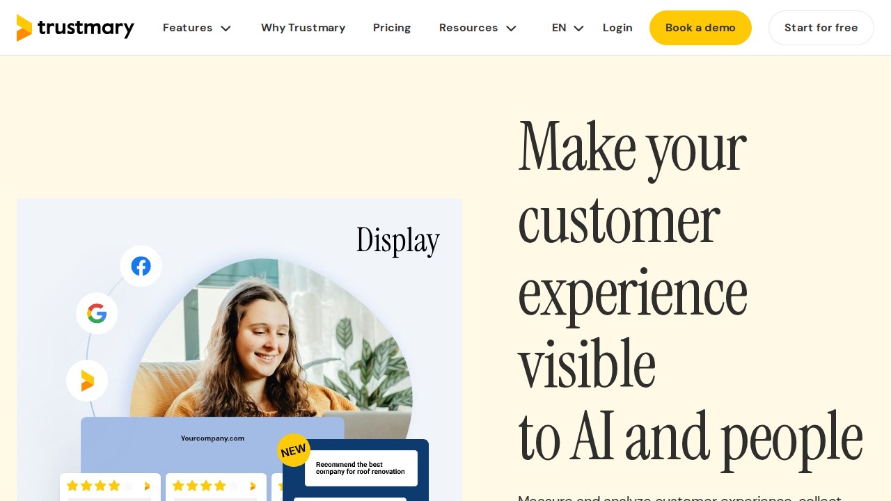 Trustmary homepage showing feedback collection and A/B testing features