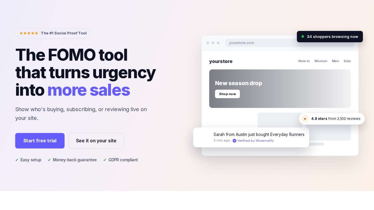 WiserNotify homepage shown in the Fomo alternatives comparison