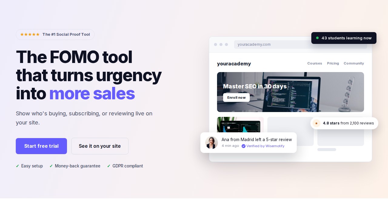 WiserNotify homepage shown in the ProveSource alternatives comparison