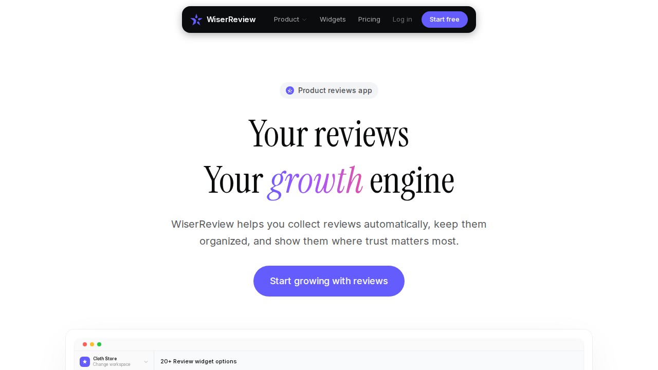 WiserReview homepage showing review collection and display tools