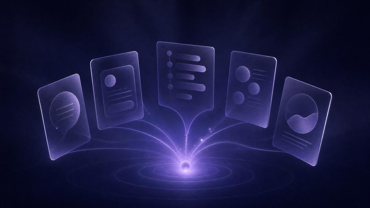 Abstract dark purple illustration of customer proof signals converging toward a review-platform choice