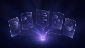 Abstract dark purple illustration of customer proof signals converging toward a review-platform choice