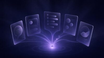 Abstract dark purple illustration of customer proof signals converging toward a review-platform choice