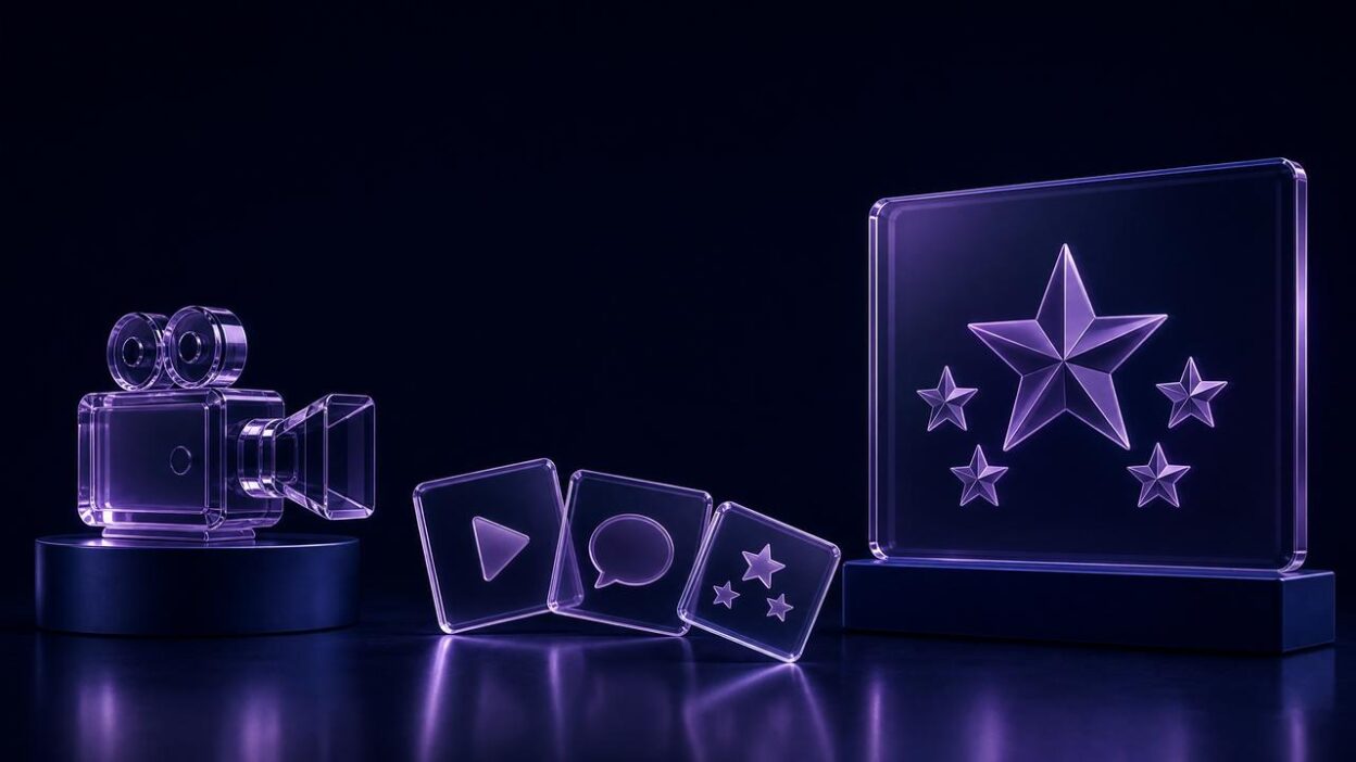 Purple glass video camera, social media tiles, and website review panel representing SocialJuice alternatives