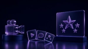Purple glass video camera, social media tiles, and website review panel representing SocialJuice alternatives