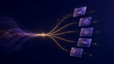 Abstract violet proof signals separating into five paths