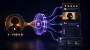 Abstract illustration of a guided customer story becoming review, video, quote, survey, and website proof