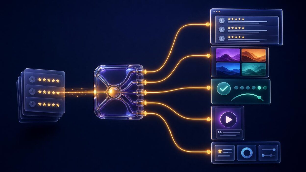 Editorial illustration of public review sources routing into website, social, feedback, testimonial, and widget outcomes