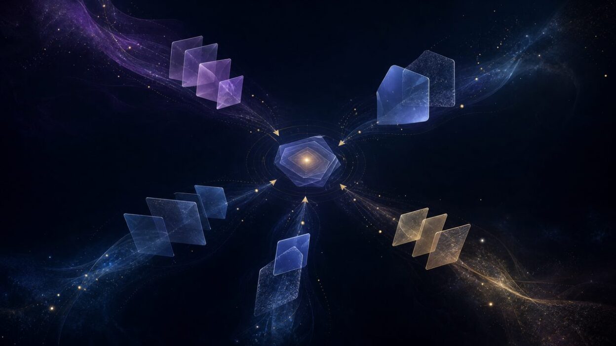 Abstract deep purple review signals converging toward a platform choice