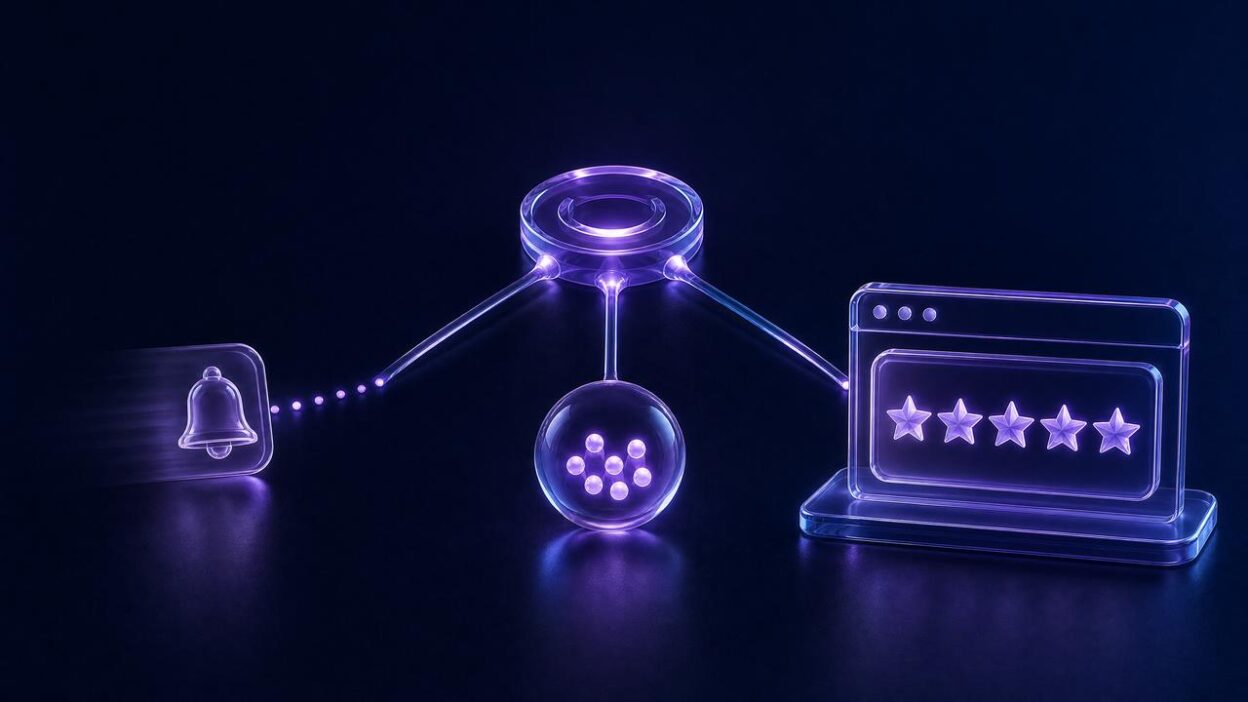 Glass illustration comparing a fading activity alert, an activity counter, and a lasting review display