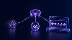 Glass illustration comparing a fading activity alert, an activity counter, and a lasting review display
