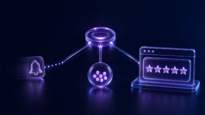 Glass illustration comparing a fading activity alert, an activity counter, and a lasting review display