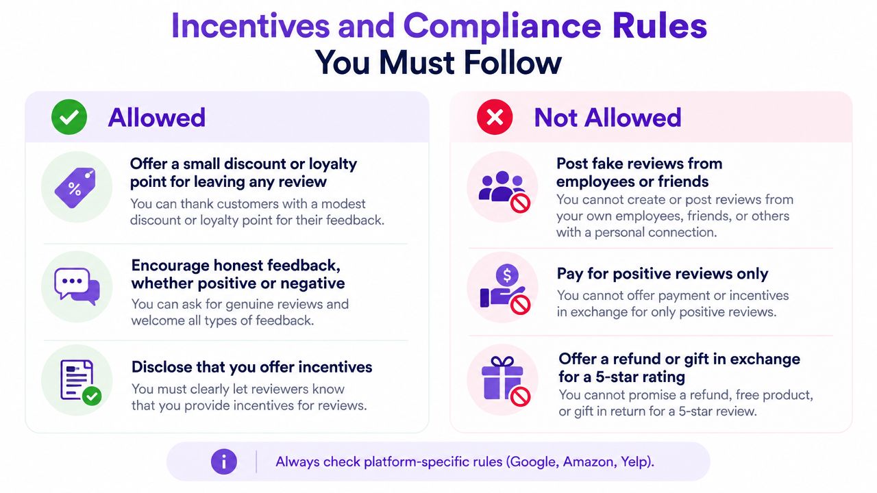 An infographic detailing the allowed and prohibited practices when asking for customer business reviews.