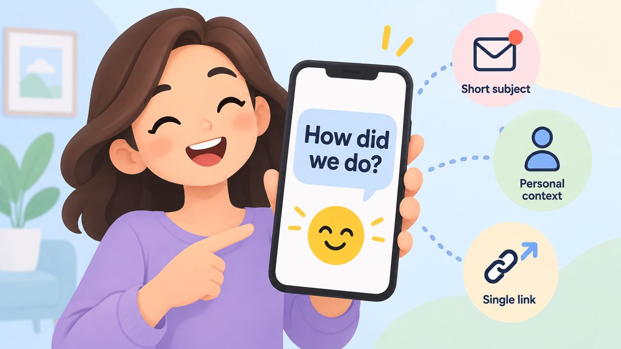 A happy woman holding a smartphone displaying a feedback survey screen with clear tips for gathering reviews.