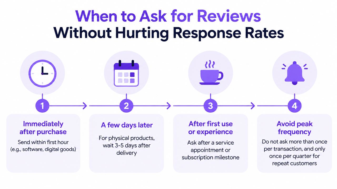 An infographic showing four steps for the best timing when asking customers to write reviews.