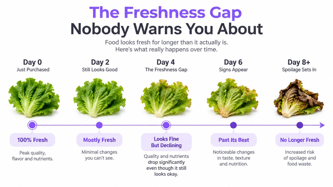 A timeline graphic showing the gradual decay of a head of lettuce over eight days.