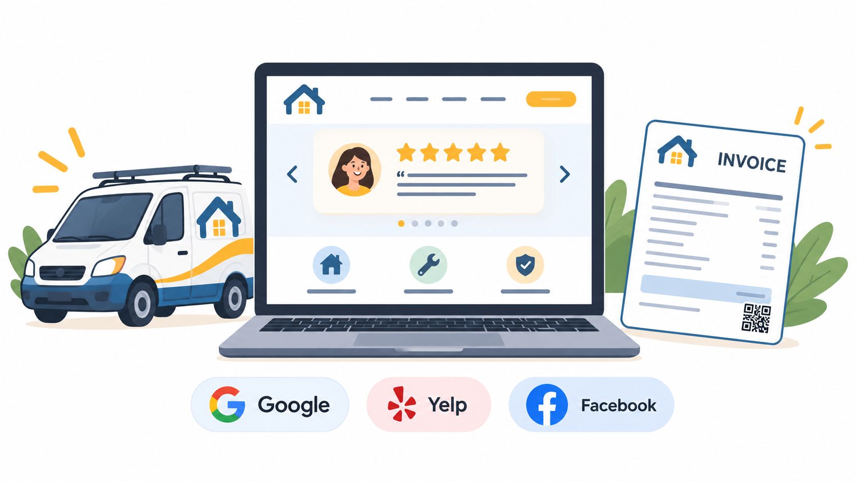 A digital illustration showing a service van, a laptop displaying customer reviews, and a printed business invoice.
