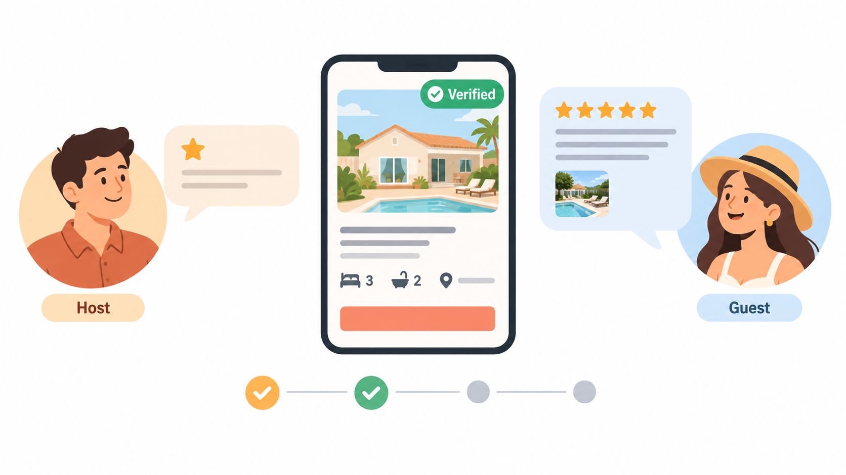 A digital illustration showing a mobile app interface connecting a host and a guest for property bookings.