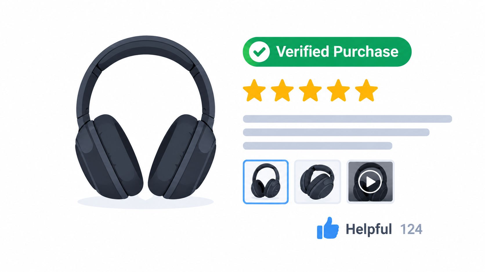 A digital illustration showing a set of headphones with a five-star rating and verified purchase label.