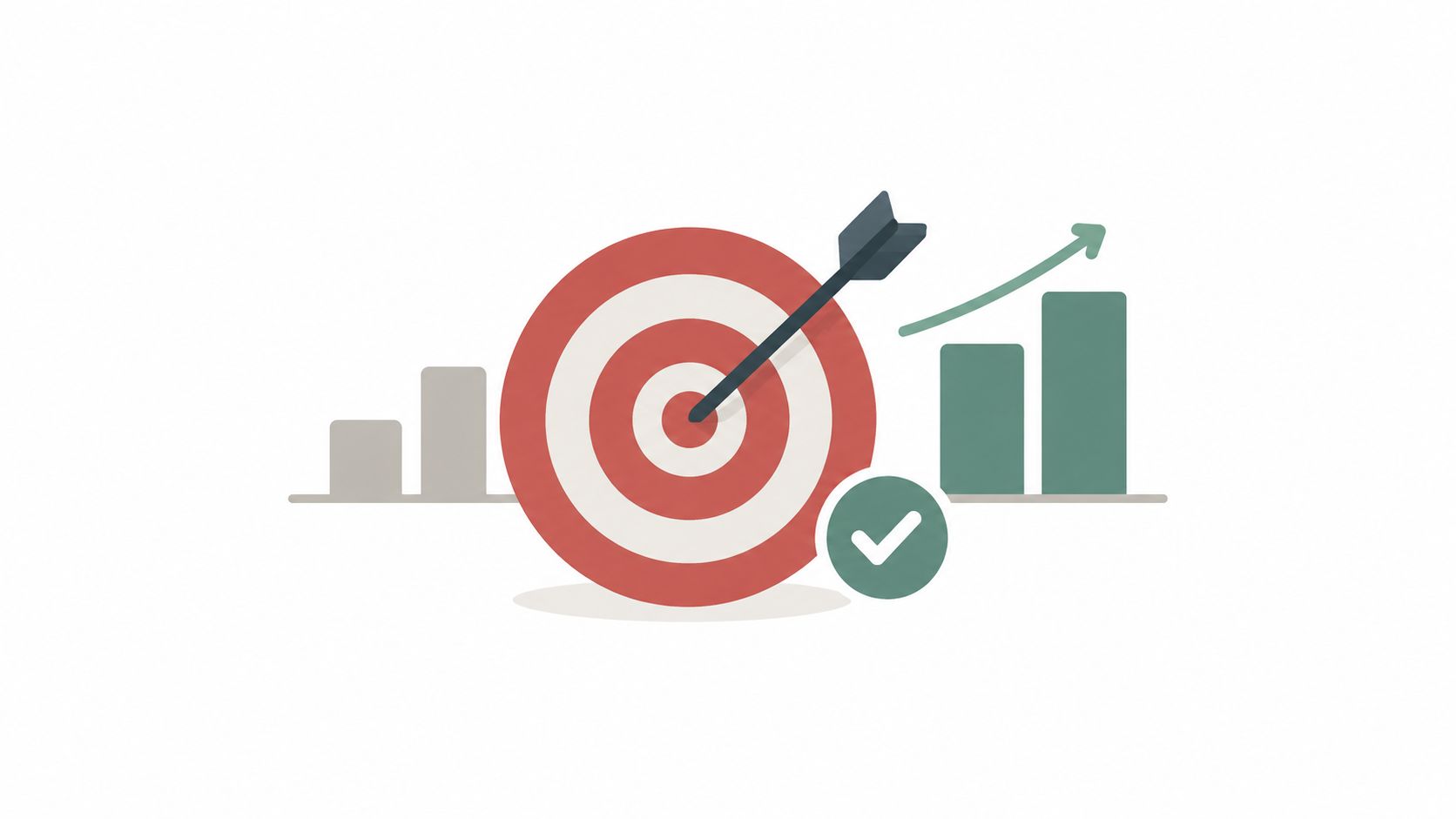 A red target with an arrow hitting the center next to rising bar charts and a checkmark.