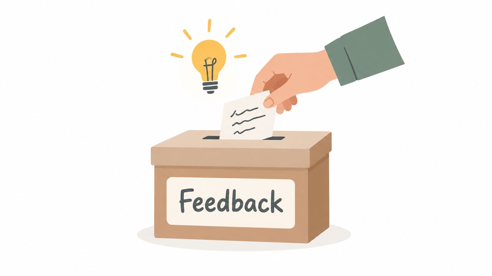 A hand placing a note with ideas into a brown feedback box with a lightbulb icon.