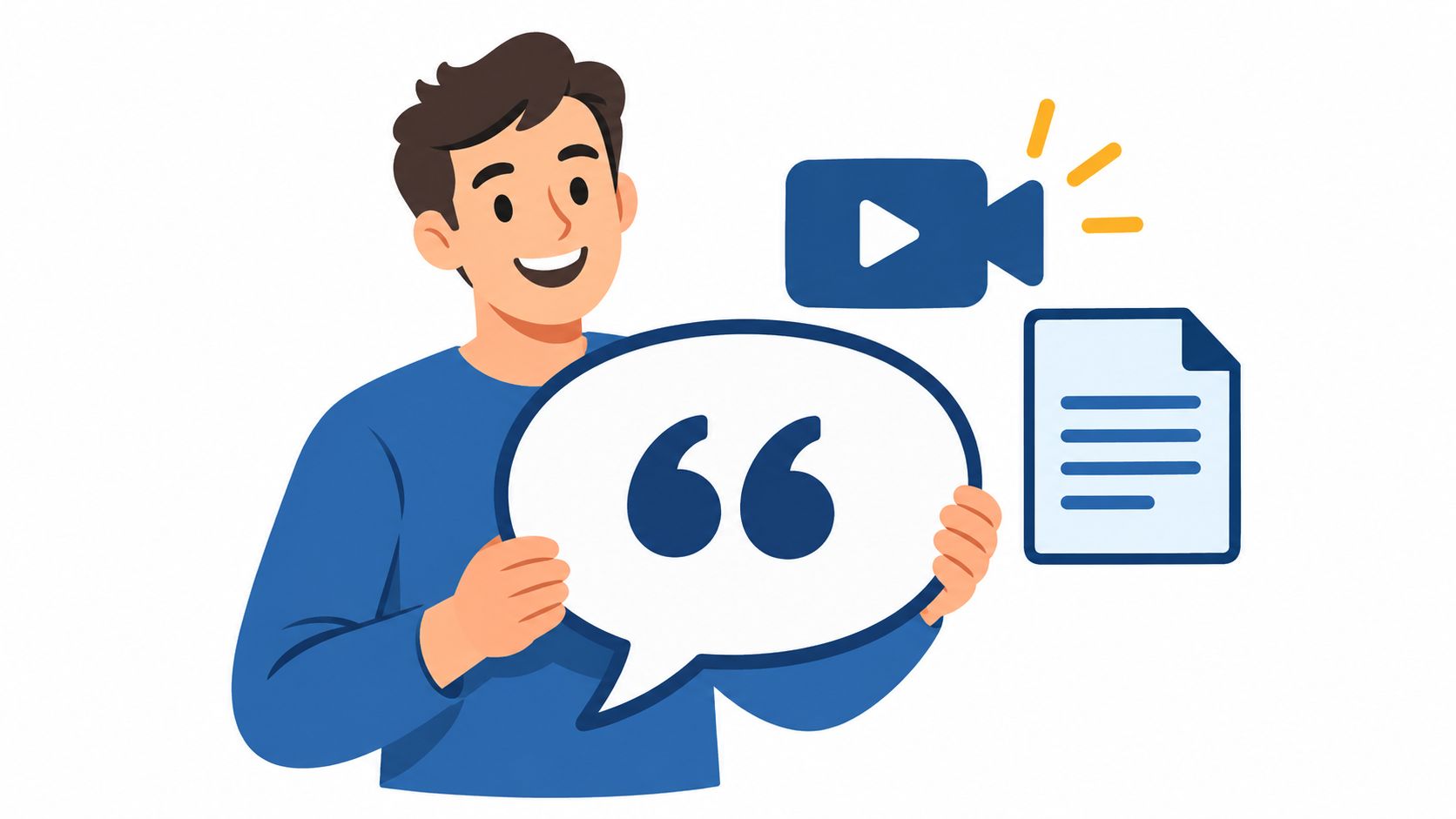 A friendly illustration of a man holding a speech bubble with quotation marks next to video and document icons.