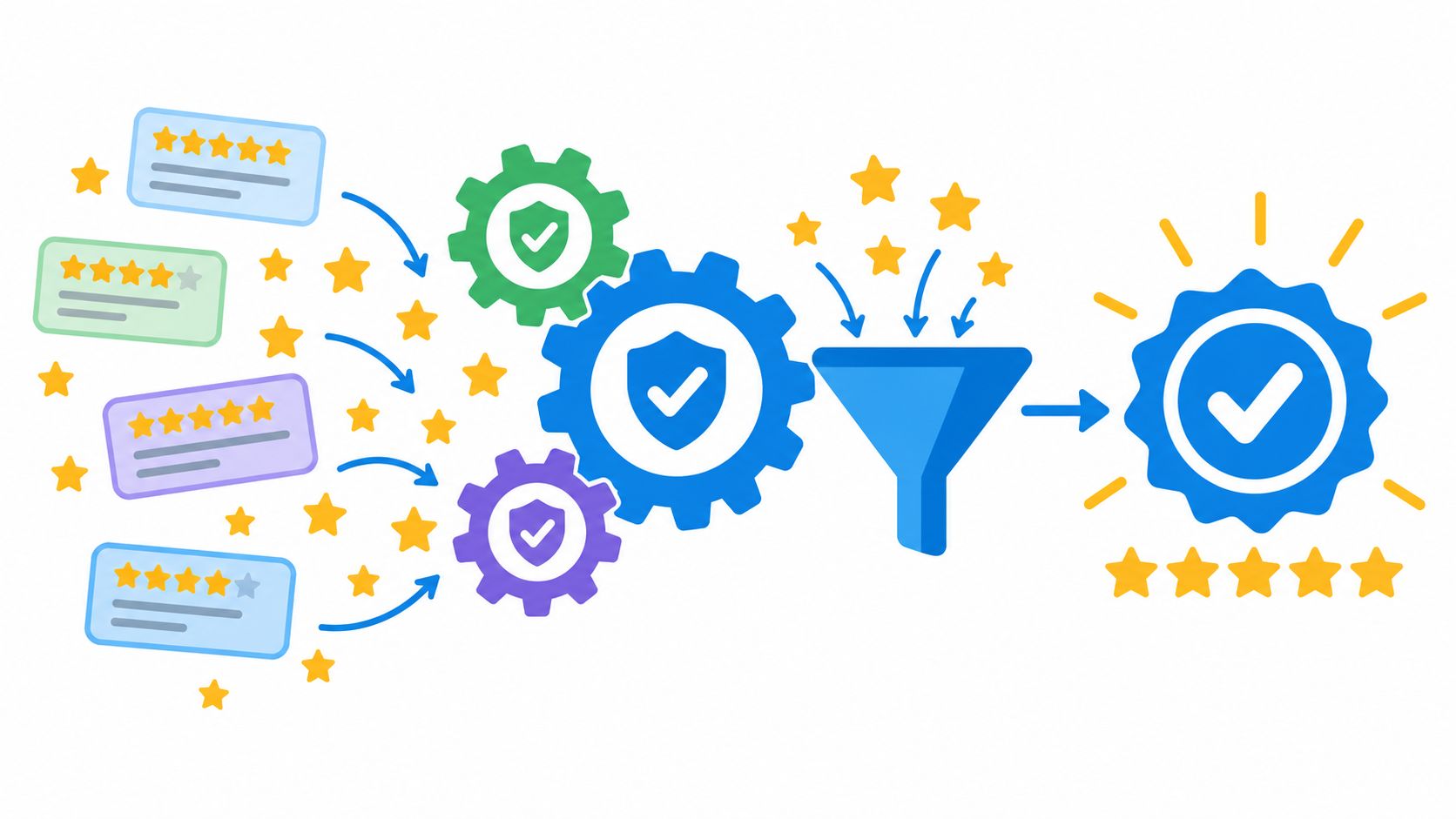 A diagram illustrating the process of verifying and filtering product reviews to create reliable ratings.