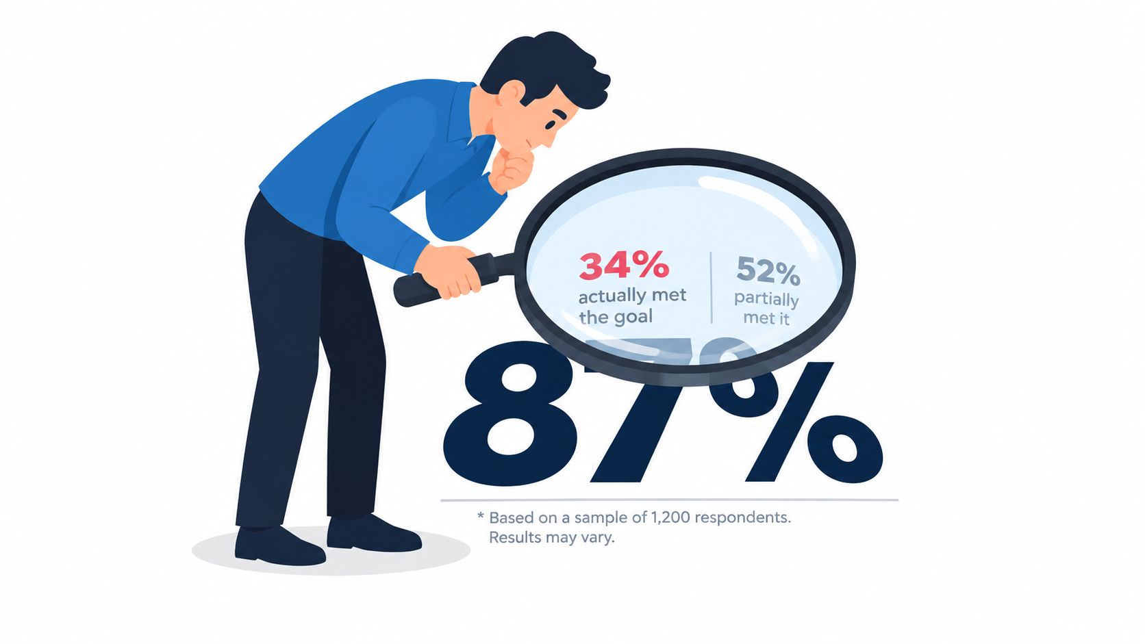 A cartoon man using a magnifying glass to inspect survey statistics about reaching goals.