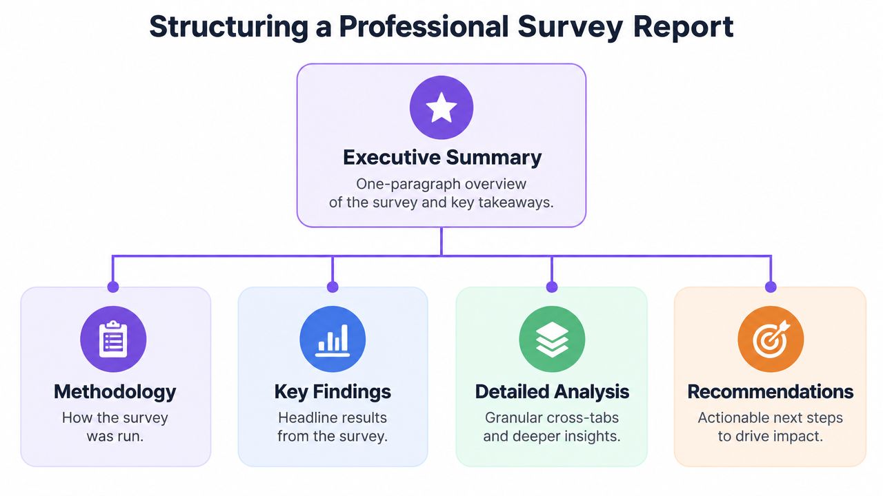 A flowchart diagram illustrating the professional structure for writing an effective and comprehensive survey report.
