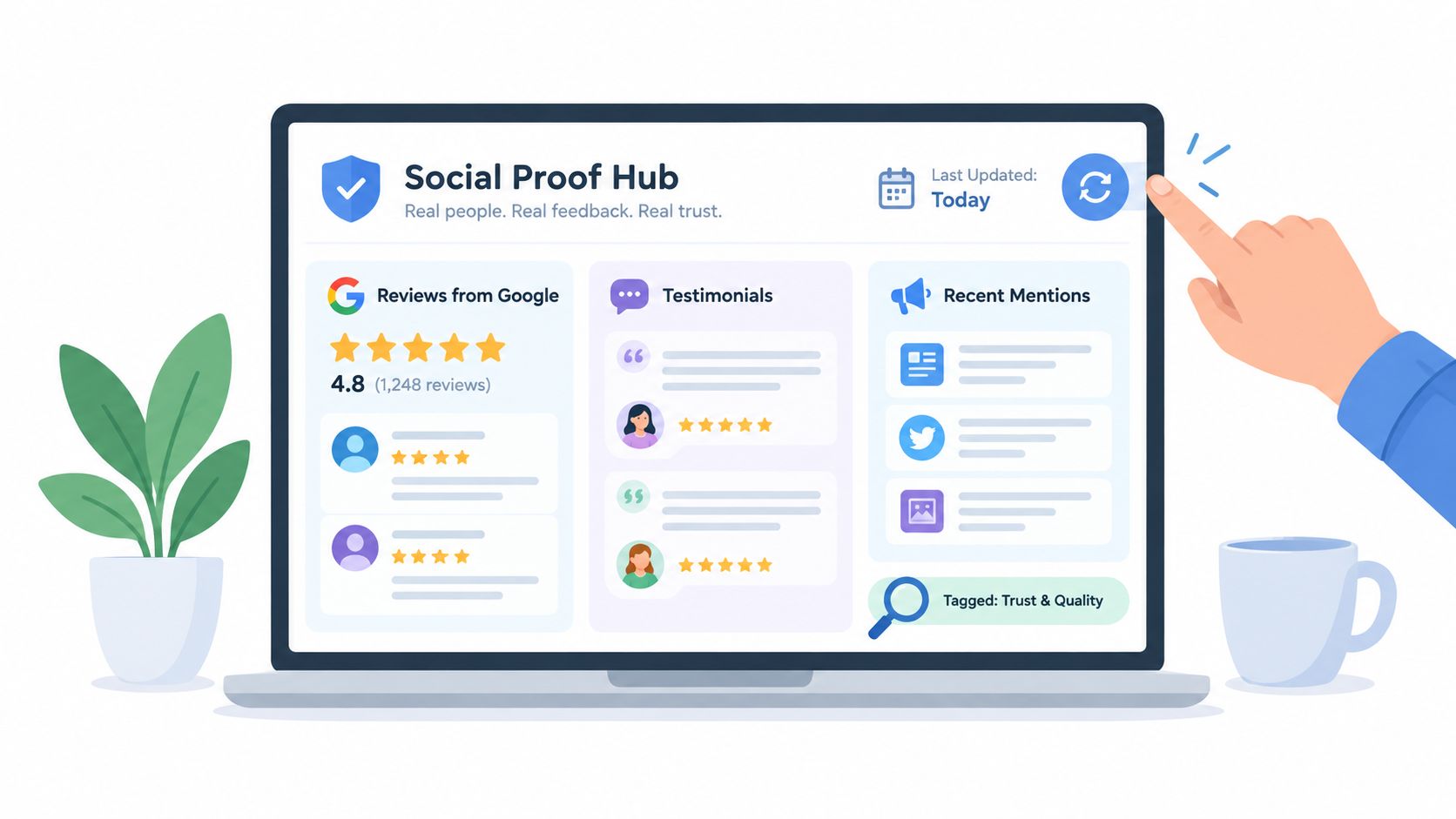 A digital illustration of a laptop screen displaying a social proof hub with reviews, testimonials, and recent mentions.